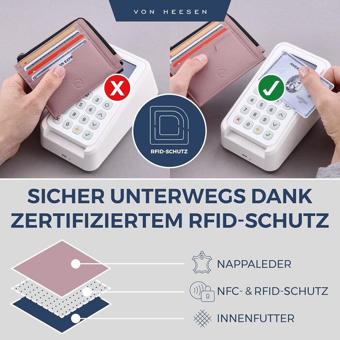 Шкіряний RFID картхолдер VON HEESEN з натуральної шкіри наппа, портмоне для кредитних карток на 9 відділень, унісекс (Коньяк/Лаванда)