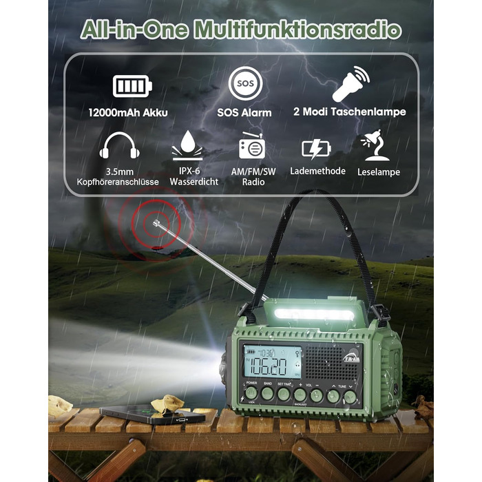 Радіоприймач Kurbelradio на 12000 mAh з ручним заводом, сонячною панеллю та SOS-сигналом. AM/FM/SW радіоприймач з USB-зарядкою, ліхтарик та світло для читання. Ідеально для кемпінгу, надзвичайних ситуацій та відключень електроенергії. Зелений колір.