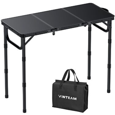 VINTEAM Складаний туристичний стіл 87x40 см, 3-х рівневий, регульована висота, алюміній, для кемпінгу, барбекю, пікніка, саду. MDF