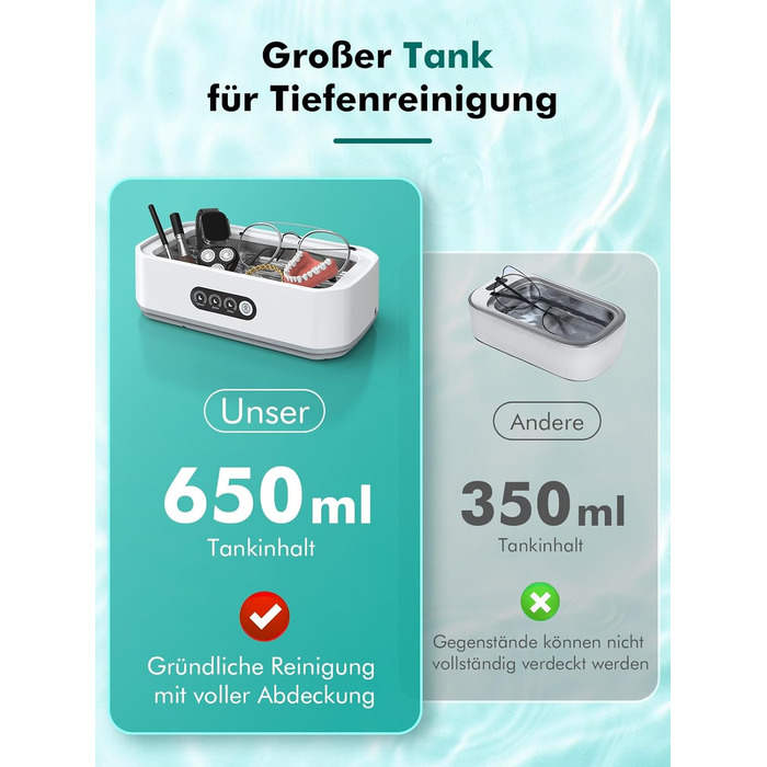 Ультразвукова мийка 650мл для глибокого очищення 360°, 48 кГц, One-Touch, для ювелірних виробів, скляного посуду, протезів