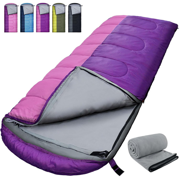 Спальний мішок Outdoor для дорослих, зимовий, машинного прання, водонепроникний, 3-4 сезони, з компресійним мішком, для кемпінгу, піших прогулянок, подорожей, 0℃-Комфорт, ліловий, 220x85CM