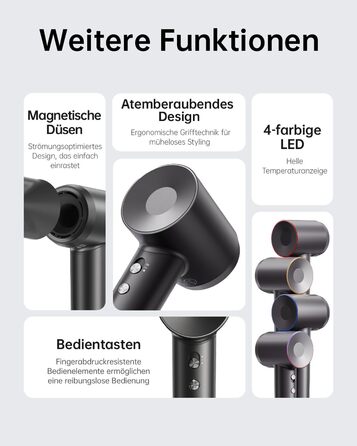 Фен Laifen з іонізацією 200 млн негативних іонів, 110 000 об/хв, для швидкого сушіння, безщітковий мотор, тихий, з магнітною насадкою (Swift, Чорний)