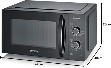 Мікрохвильова піч Severin 2-в-1 з грилем, 20 л, чорна, MW 7762. Плоский скляний стіл, 2 рівні, велика площа, для прямокутного посуду, легке очищення