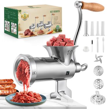 М'ясорубка ручна Huanyu з нержавіючої сталі, насадки для ковбас та печива, миється в посудомийній машині (№8, №10)