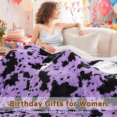 Електрична гріюча ковдра з принтом 'Корова', подвійний розмір, 157 x 213 см, фіолетовий колір, 10 режимів нагріву, автоматичне вимкнення через 8 годин, флісова та шерпа ковдра, тепла, подарунок для жінок, 62'x84' ковдра з принтом 'Високогірна корова'