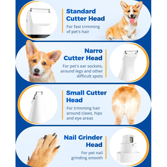 Schermaschine для собак та котів oneisall 4-в-1: стрижка, триммінг, шліфування кігтів. Безшумна, акумуляторна модель з 4 насадками для тіла, лап, очей та вух.