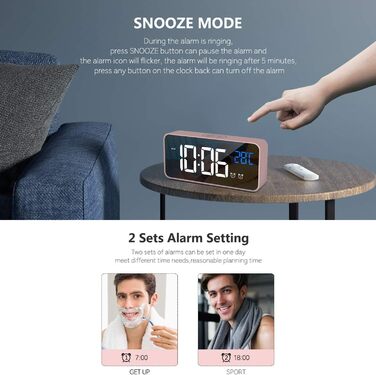 Будильник HOMVILLA Digital з великим LED-дисплеєм температури, двома будильниками, функцією відкладання, регулюванням яскравості та 10 мелодіями для спальні (рожевий)