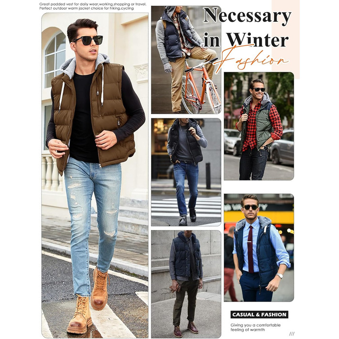 Чоловіча степкова жилетка Vancavoo з капюшоном, тепла зимова жилетка для активного відпочинку, спортивна жилетка, перехідна куртка, колір кава, розмір S