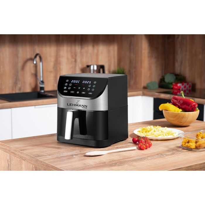 Електрична фритюрниця LEHMANN 6L з прозорим вікном, 1500 Вт, 12 програм, регулювання температури 76-200°C, таймер, LED-дисплей, фритюрниця без олії для приготування на грилі, випікання та смаження