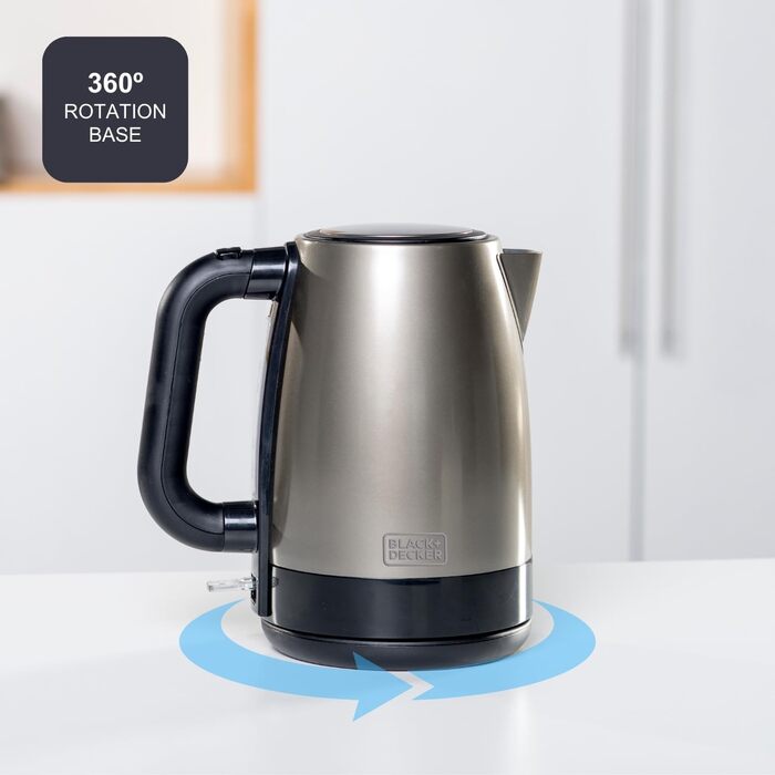 Електричний чайник BLACK+DECKER BXKE2202E, 1.2L, 2200W, нержавіюча сталь, поворотна база 360°, автоматичне відключення, індикатор рівня води, ергономічна ручка, для лівшів