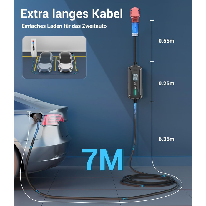 Портативний зарядний пристрій для електромобілів IEC 62196-2, 7,4 кВт, 7м, IP65, LCD, регулювання потужності та часу початку