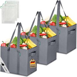 Large Folding Shopping Bags 3-Pack & Fruit Net - Sturdy Large Folding Shopping Basket with Reinforced Bottom - Ideal Shopping Bag for Shopping Carts & Trunk - 80 L (Gray)