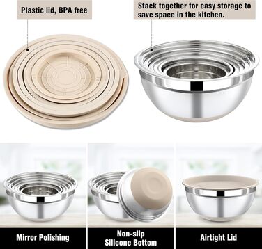 Набір місок для перемішування BEWOS 7 шт. з кришкою, нержавіюча сталь, набір місок з терткою, вкладна конструкція, колір хакі, протиковзкі дна, об'єм 0.5, 1, 1.4, 1.85, 2.35, 3.2, 4 л для змішування та подачі