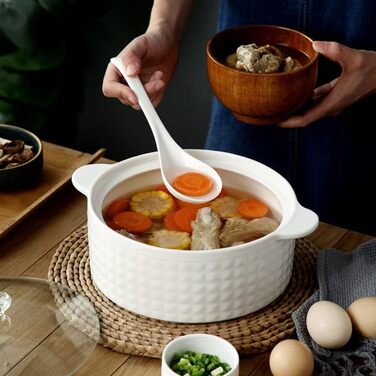 Soup tureen with lid and ladle set, 2L ceramic serving bowl with glass lid, serving dishes with double handles, porcelain, white, microwave and dishwasher safe