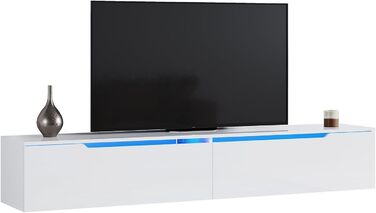 Підвісна тумба для телевізора SONNI, біла, з LED-підсвіткою, 180x35x30 см, глянцева, 12 кольорів, 2 шафки, для вітальні та спальні