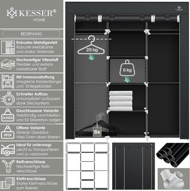 KESSER® Wardrobe Fabric Wardrobe Stable with Clothes Rail & Shelves, Incl. 5x Clothes Hangers, Fabric Folding Wardrobe for Bedroom, Dressing Room Closet with Clothes Rack 150x45x175cm Black