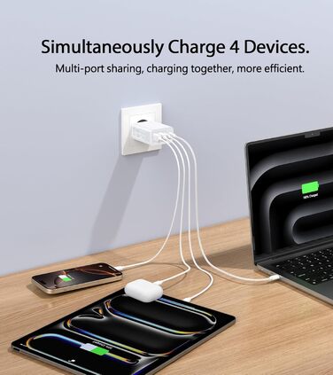 65W USB-C зарядний пристрій 3-портовий з кабелем 2м: для MacBook, iPhone, Switch, Galaxy, Tablet, Laptop