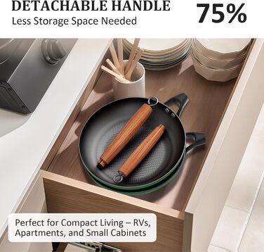 Набір сковорідок YUTANN з чавуну (20, 24, 28 см), з антипригарним покриттям, знімний дерев'яний ручка, для газової плити, індукції, духовки, без PFAS/PFOA, легко миється (зелений)