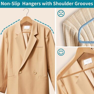20 дерев'яних вішалок для одягу, 360° обертання, антиковзкі насічки, для костюмів, курток, сорочок, суконь, 44,5 x 0,85 x 21,5 см, AWY0520N, натуральний колір