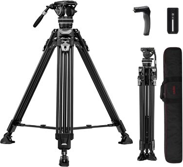 Штатив відео Cayer FA310H з моноподом K10 та рідкосильним кріпленням - швидкозатискачі ніг, швидке регулювання, вантажопідйомність 10 кг, алюміній, 2 швидкознімні пластини, ручка для переноски - для DSLR, бездзеркальних камер, відеокамер