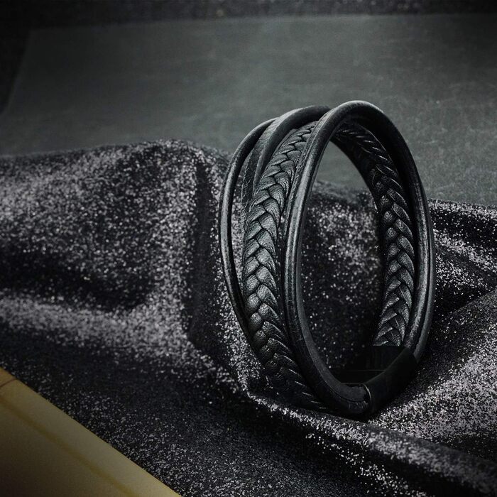 Чоловічий шкіряний браслет Casisto.J з нержавіючою сталлю та гравіюванням, чорний, плетений, з магнітною застібкою (22 см)