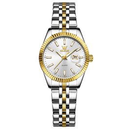 Годинник жіночий OLEVS на даний момент з нержавіючої сталі, кварцовий, аналоговий, з датою, водонепроникний, білий циферблат, двоколірний браслет, подарунок для жінок (5593)