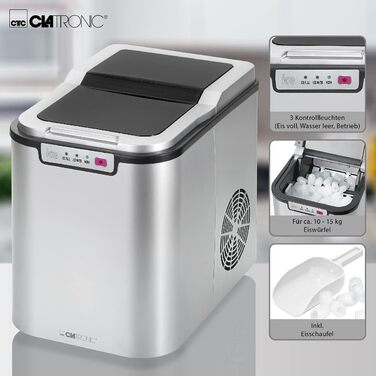 Машина для приготування льоду Clatronic EWB 3785 Inox | Швидке приготування льоду за 10 хвилин | Самоочищення | 12 кг/24 години | 1,5 л резервуар для води