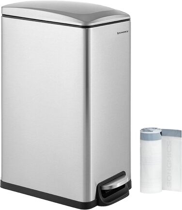 Степле́р SONGMICS для кухні, 48 літрів, вузький, з м'яким закриттям, з відром, з нержавіючої сталі, 15 мішків у комплекті, сріблястий