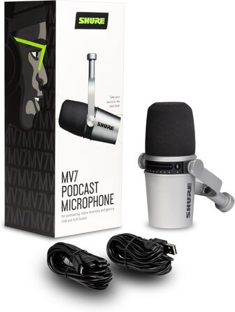 Мікрофон Shure MV7+ для подкастів, стрімінгу та запису - білий (срібний). USB/XLR, LED-сенсор, автоматичне регулювання рівня звуку, цифровий поп-фільтр