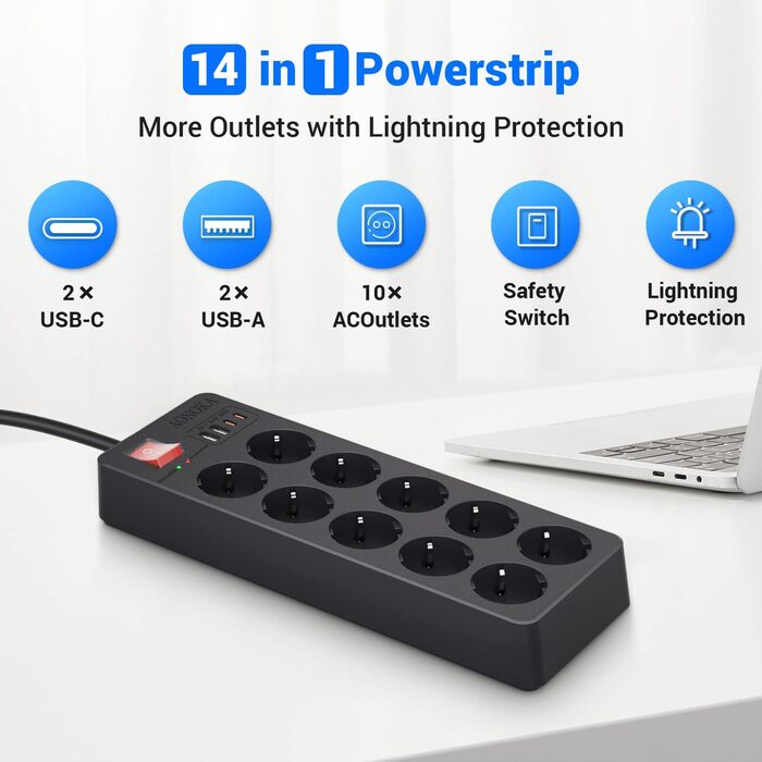 Мережевий фільтр 8 розеток з USB C, захист від перенапруги, адаптер з 2*USB A та 2*USB C, мережевий перехідник з подвійним вимикачем, кабель 1.5м чорний