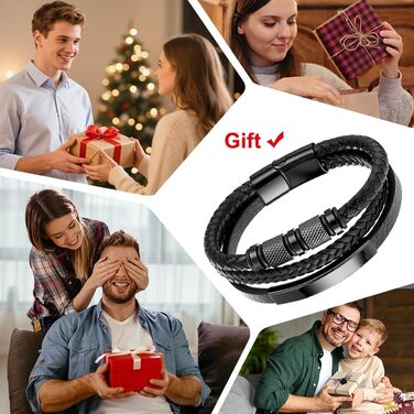 Чоловічий шкіряний браслет на магнітній застібці, з нержавіючої сталі, плетене браслет, ідеально підходить на день народження, День святого Валентина, Різдво або День батька (21 см, чорний)