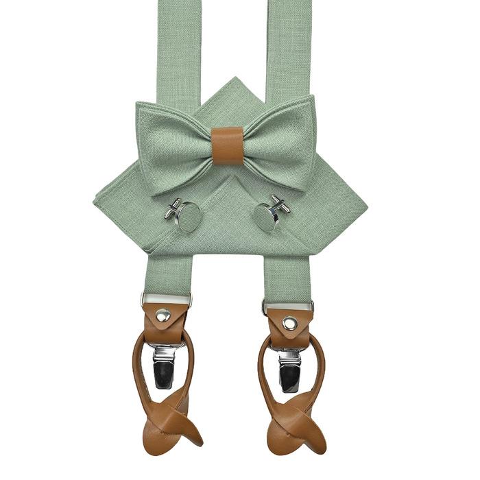Набір чоловічих аксесуарів Leinen: краватка-метелик зі шкіри, підтяжки зі шкіри, нагрудна хустка, запонки - світло-зелений