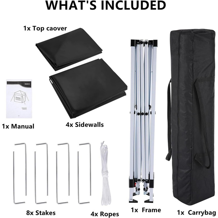 COBIZI Gazebo 3x3 Waterproof, Stable, Winter-Proof Party Tent 3x3 with 4 Side Walls, Pop-Up Folding Gazebo, UV Protection 50+, Garden Gazebo with Handbag, 8x Pegs and 4x Wind Rope, Black