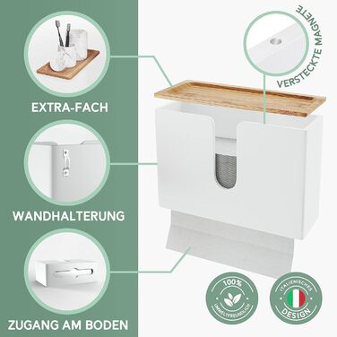 Nature Supplies Wooden Paper Towel Dispenser - Paper Towel Holder with Wall Mount or Tabletop Use, for C-, Z- or Interfold Paper Towels (Bianco, Top)