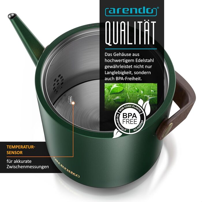 Електричний чайник Arendo з регулюванням температури 40-100°C, 0.6 л, з цифровою основою, з індикатором температури, BPA Free, функція підтримки тепла, чорно-зелений