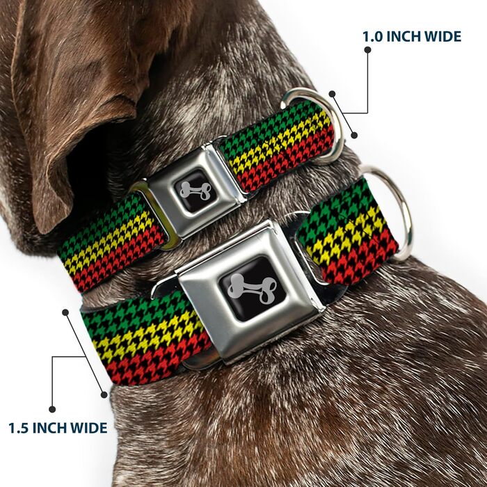 Нашийник для собак Buckle-Down Seatbelt Buckle - Houndstooth Black/Rasta, 1' шириною, розмір L (15-26 дюймів)