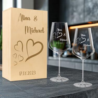 Leonardo Wine Glasses Set of 2 with Wooden Box and Engraving for Him & Her. Only Love Matters. Personalized with Name & Date. Heart-Shaped Glass Leonardo Puccini 560ml