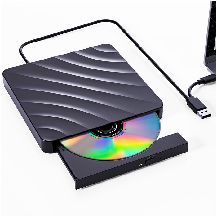 Зовнішній DVD-CD привід USB: DVD-рекордер та плеєр для ноутбука та ПК, оптичний накопичувач +/-RW ROM, сумісний з Windows 11/10/8/7, Linux, MacOS, чорний