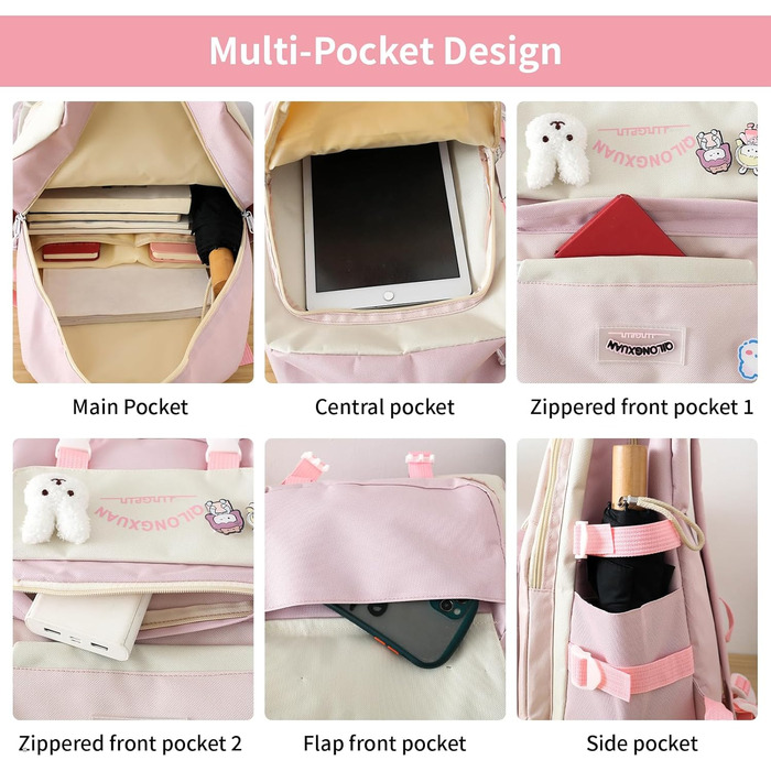 Набір шкільних рюкзаків IvyH 5-ти частинний: рюкзак для дівчинки, сумка для школи, підліткові рюкзаки, рюкзак для дівчаток 3-7 класів, набір шкільних сумок з пеналом та нагрудником, 45 см, рожевий 8583#