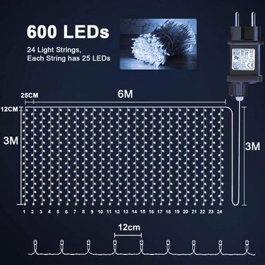 Ламповий завіс 6м x 3м, 600 LED, з вилкою, таймером, 8 режимів, вологостійкий, для вікна, павільйону, саду, різдвяне деко, тепле/холодне світло
