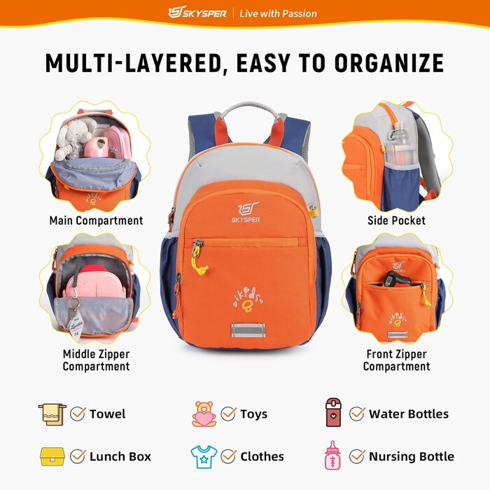 Дитячий рюкзак SKYSPER 8L для хлопчиків та дівчаток, рюкзак для прогулянок та повсякденного використання, з нагрудним ременем, ідеальний подарунок, апельсиновий