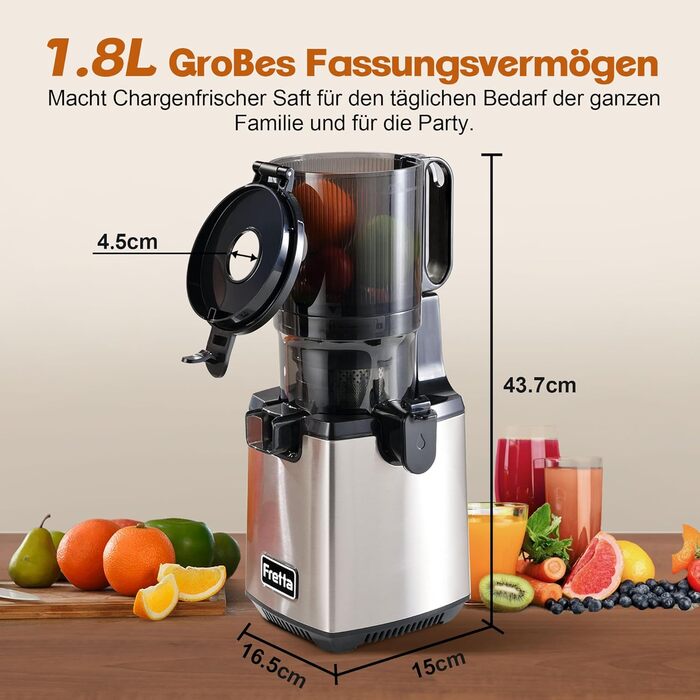 Fretta Slow Juicer, Winner in Vegetable and Fruit Tests, 250W Stainless Steel Electric Juice Extractor, Cold Press Juicer Machine with 135mm Large Opening, Easy to Clean, Reverse Function, BPA Free