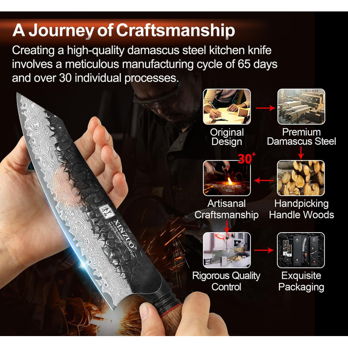 Ніж Сантоку XINZUO Damaststahl 19,3 см - професійний кухонний ніж з дамаської сталі, серія Mo, ергономічна ручка з білого дуба