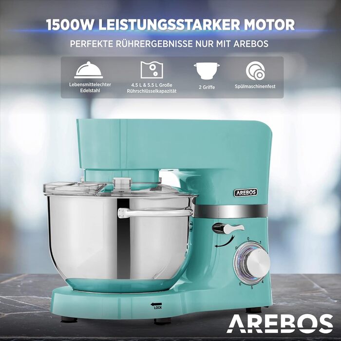 Кухонна машина Arebos 1500W з 2 чашами з нержавіючої сталі (4.5L та 5.5L) | Кухонний міксер з набором насадок (крюк для тіста, вінчик, гак для збивання) | 6 швидкостей | Тиха робота | З захистом від бризок