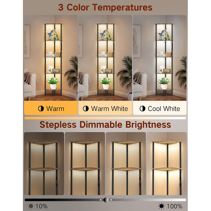 Стійка лампа OUTONLIFE з полицями, LED, 3 режими, регулювання яскравості, пульт, 5 ярусів, для вітальні, спальні, офісу, колір: Rustic Brown