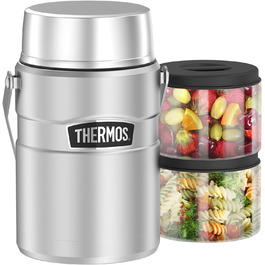 Thermos STAINLESS KING FOOD JAR 1.2l, steel. Stainless steel food container with inserts and handle, 12 hours hot / 24 hours cold, for noodles, soup, muesli. Large food container 1.2 l with handle and versatile inserts.