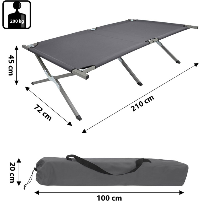 Ліжко похідне BB Sport XXL 210x72x45 см, до 200 кг, сталеві труби, 600D Oxford, сіре - зручне та компактне для кемпінгу та гостей