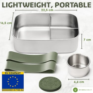 Everusely Bento Box: ланчбокс з нержавіючої сталі, 0,8 л, з контейнером для спецій та органайзером для перекусів (3 відділення)