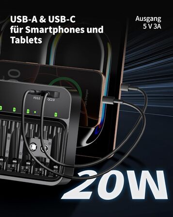 Зарядний пристрій EBL для акумуляторів AA, AAA, 9V, сумісний з NI-MH, USB-C PD3.0 та Micro USB, швидка зарядка