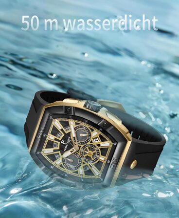 Чоловічий годинник-хронограф на кварцовому механізмі з японським годинниковим механізмом, 5ATM, корпус з нержавіючої сталі, тонка форма корпусу, силіконовий ремінець, золотий колір